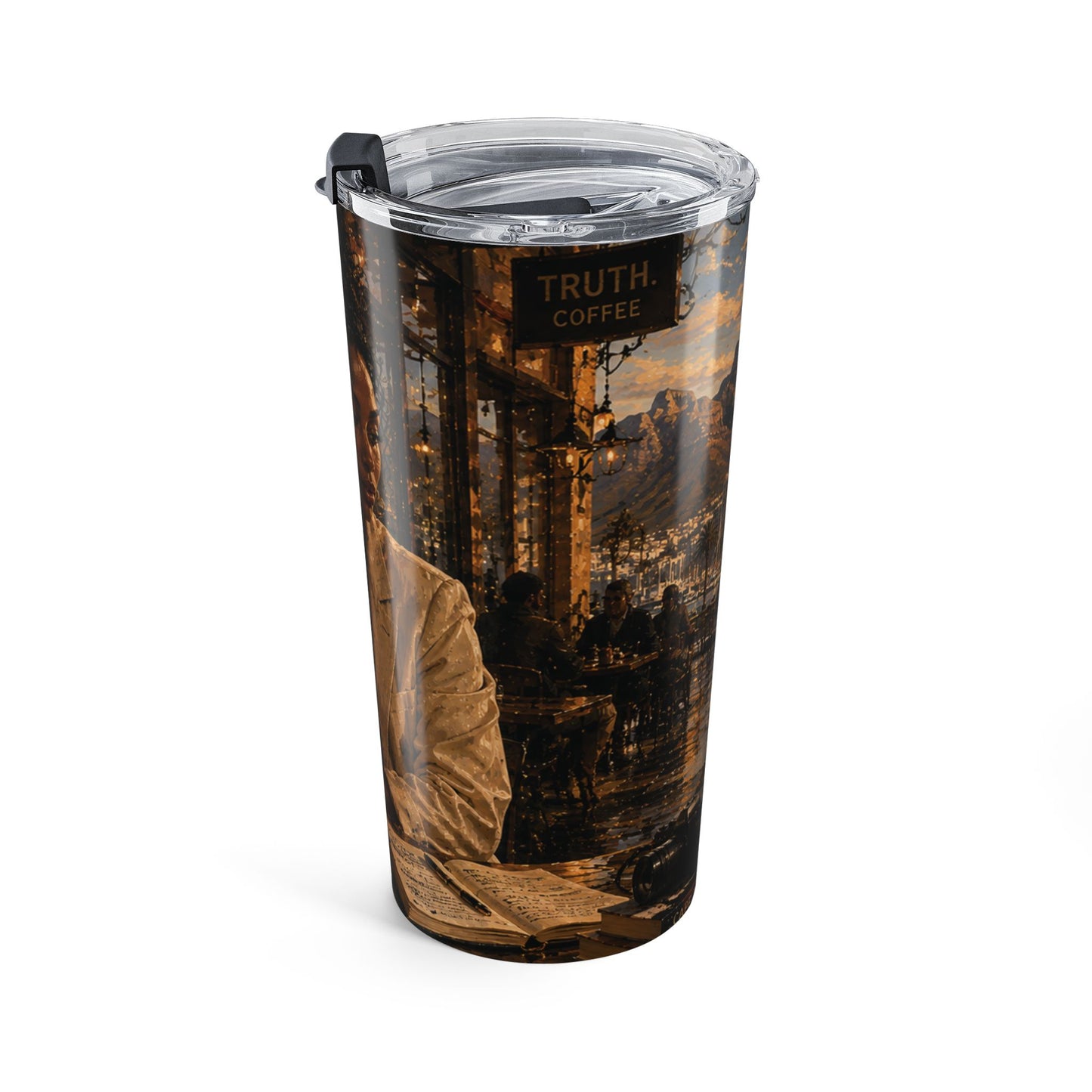 Postcards & Passports Collection – 20 oz Stainless Steel Tumbler— Cozy Autumn City Girl Travel Mug