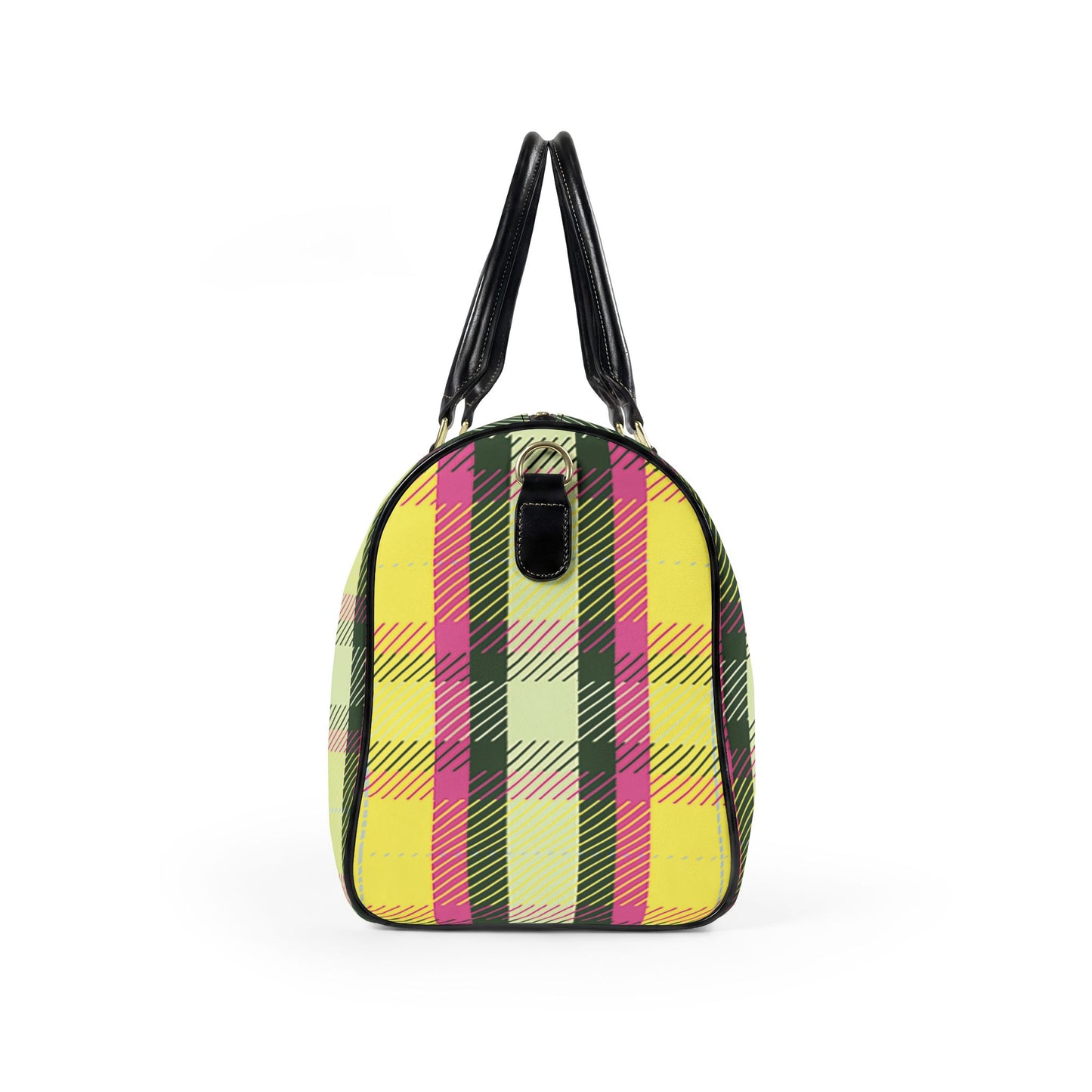 Pink and Yellow Plaid Vegan Leather Travel Bag — Weekend Duffle