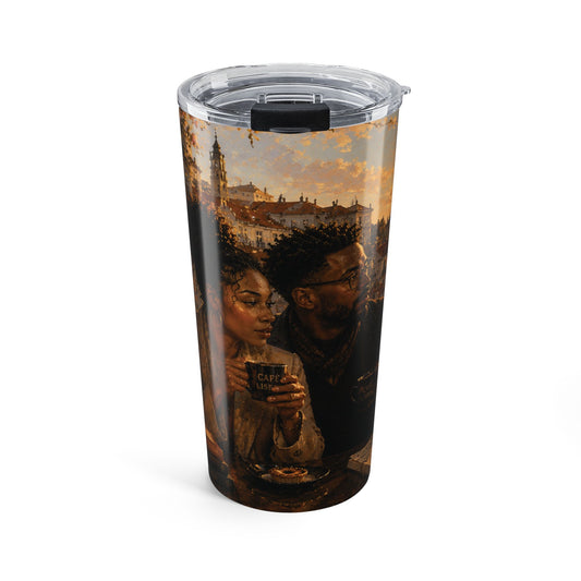 Postcards & Passports Collection – 20 oz Stainless Steel Tumbler— Cozy Autumn City Girl Travel Mug