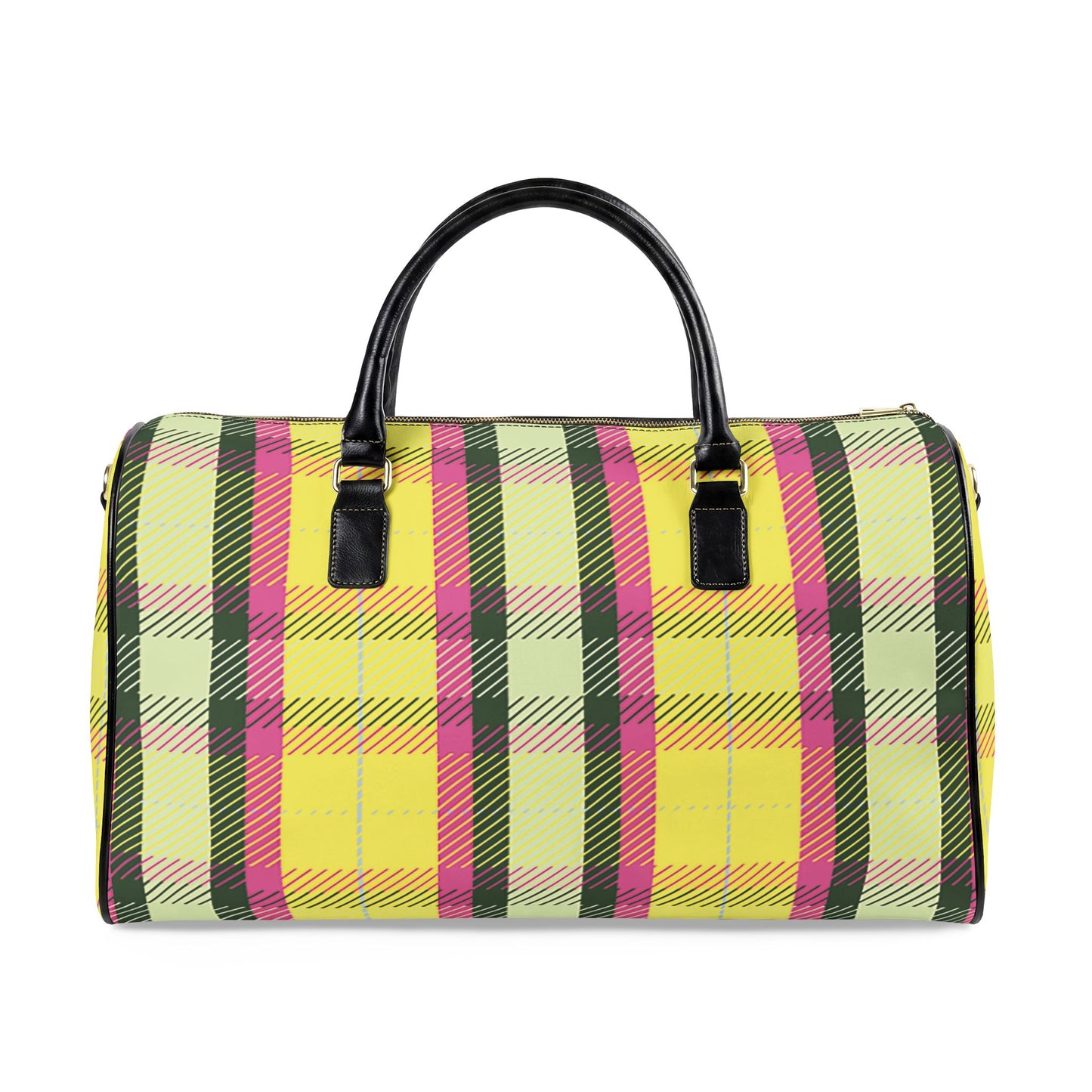 Pink and Yellow Plaid Vegan Leather Travel Bag — Weekend Duffle