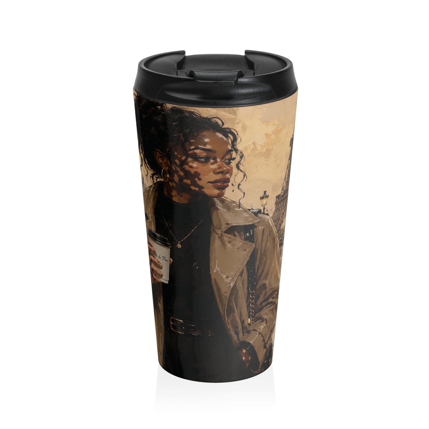 Paris Chic Travel Tumbler | Fashion Illustration Coffee Mug | Elegant Black Woman Art Cup— Chic Coffee Tumbler for Commuters