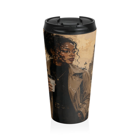Paris Chic Travel Tumbler | Fashion Illustration Coffee Mug | Elegant Black Woman Art Cup— Chic Coffee Tumbler for Commuters