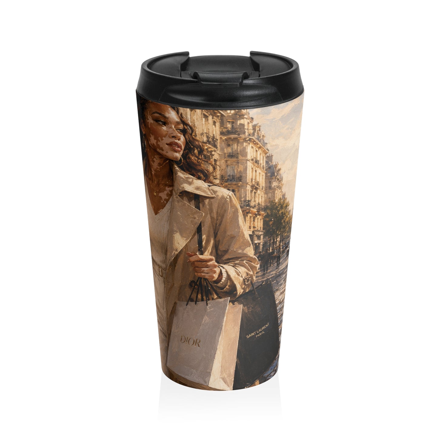 Luxury Fashion Travel Coffee Tumbler | Chic Paris Shopping Art Mug  — Chic Coffee Tumbler for Commuters