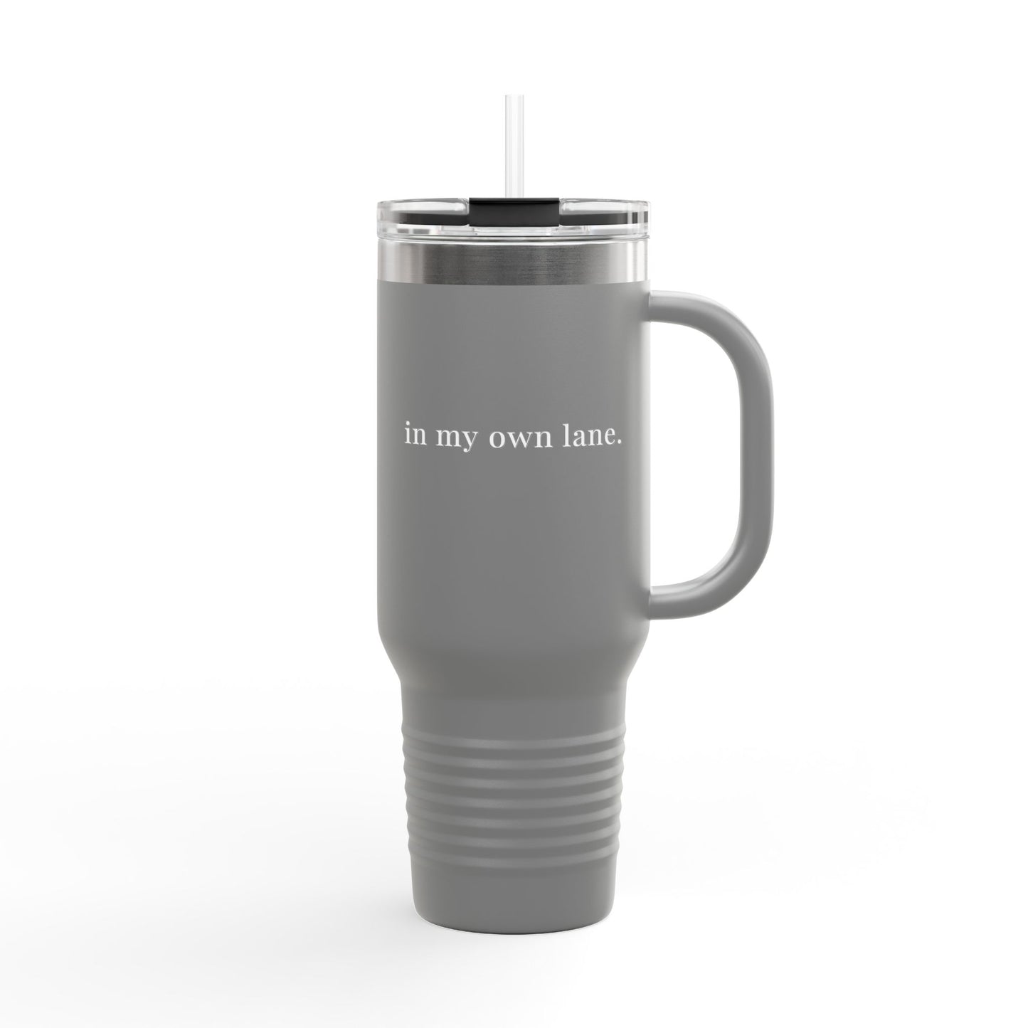 Insulated Travel Mug 40oz – 'in my own lane.' Red Stainless Tumbler with Straw & Handle
