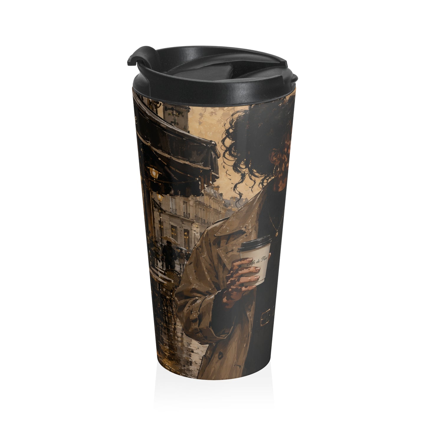 Paris Chic Travel Tumbler | Fashion Illustration Coffee Mug | Elegant Black Woman Art Cup— Chic Coffee Tumbler for Commuters