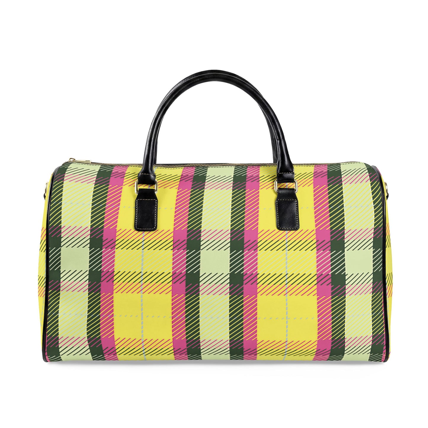Pink and Yellow Plaid Vegan Leather Travel Bag — Weekend Duffle