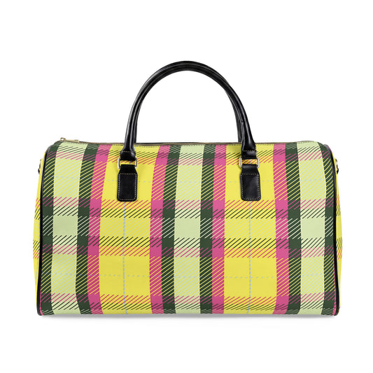Pink and Yellow Plaid Vegan Leather Travel Bag — Weekend Duffle