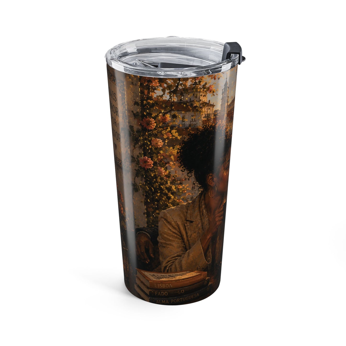 Postcards & Passports Collection – 20 oz Stainless Steel Tumbler— Cozy Autumn City Girl Travel Mug