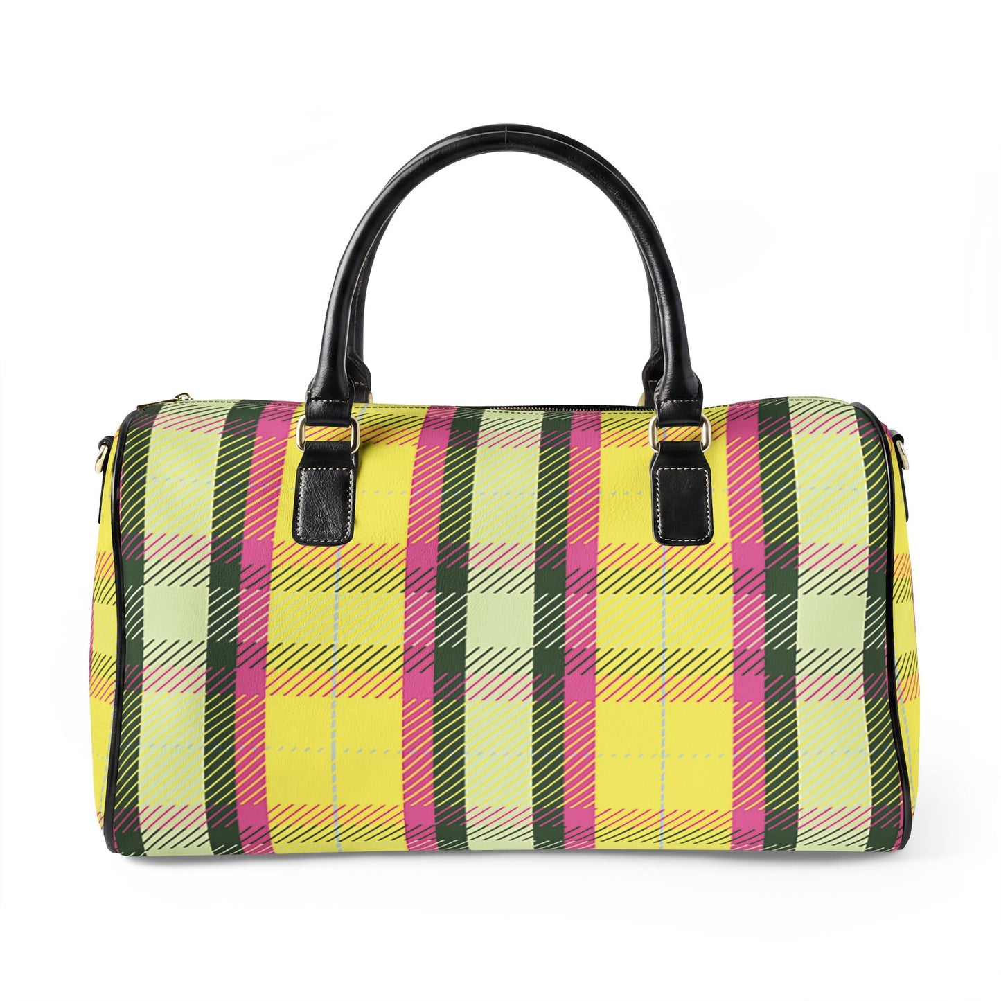 Pink and Yellow Plaid Vegan Leather Travel Bag — Weekend Duffle