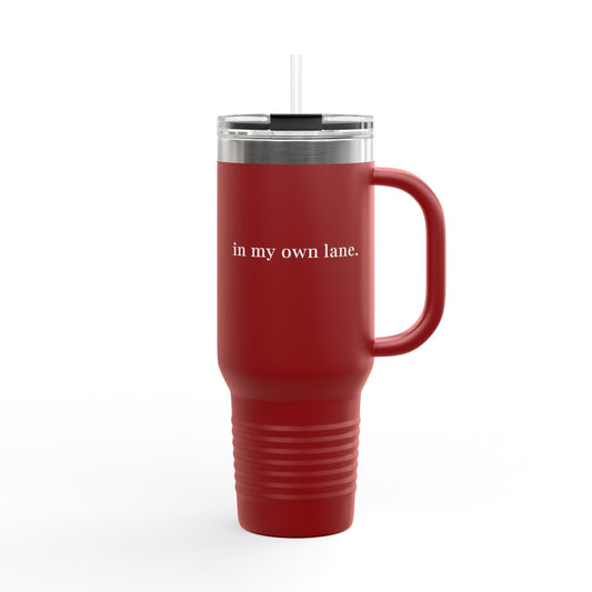 Insulated Travel Mug 40oz – 'in my own lane.' Red Stainless Tumbler with Straw & Handle