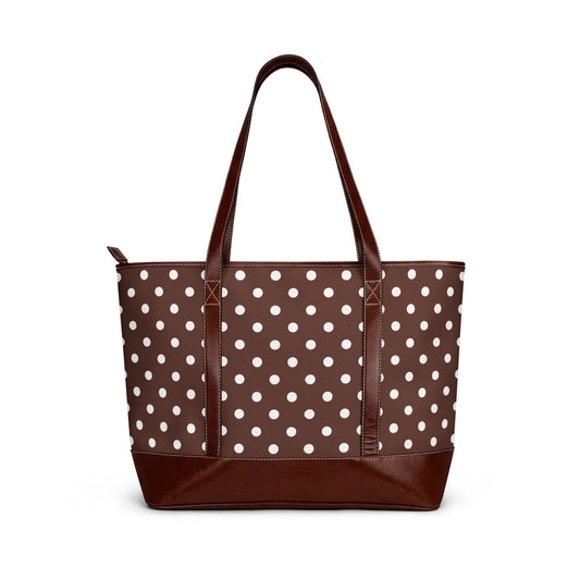 Brown Polka Dot Vegan Leather Tote Bag | Everyday Carryall Shoulder Bag | Chic Neutral Travel Tote