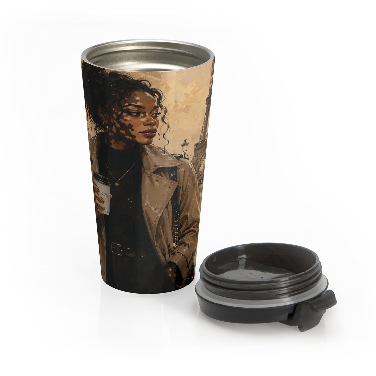 Paris Chic Travel Tumbler | Fashion Illustration Coffee Mug | Elegant Black Woman Art Cup— Chic Coffee Tumbler for Commuters