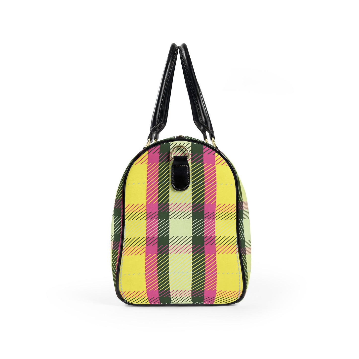 Pink and Yellow Plaid Vegan Leather Travel Bag — Weekend Duffle