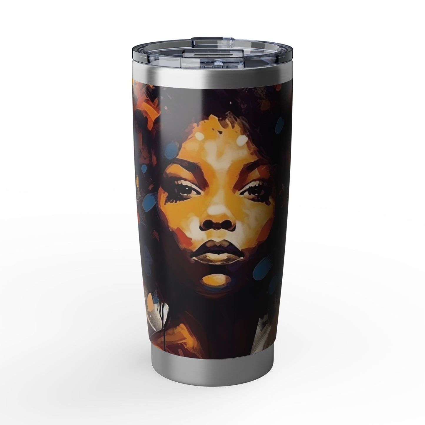 Black Woman Art Stainless Steel Tumbler | Afro Portrait Travel Mug | Insulated Coffee Cup with Bold Artwork
