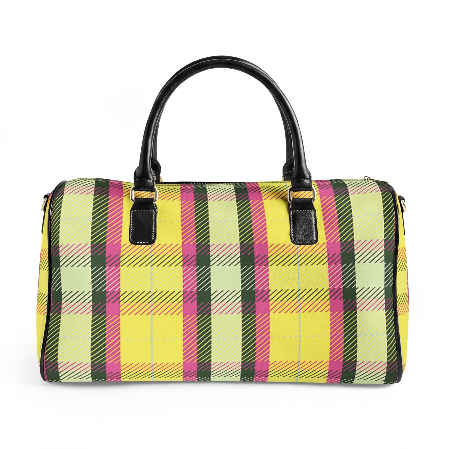 Pink and Yellow Plaid Vegan Leather Travel Bag — Weekend Duffle