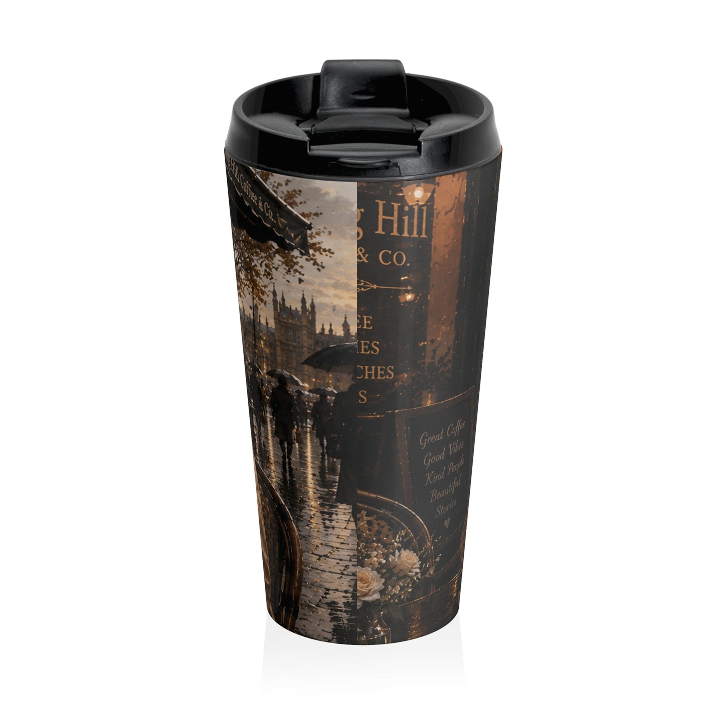 London Coffeehouse Travel Tumbler | Cozy Café Art Coffee Mug — Chic Coffee Tumbler for Commuters
