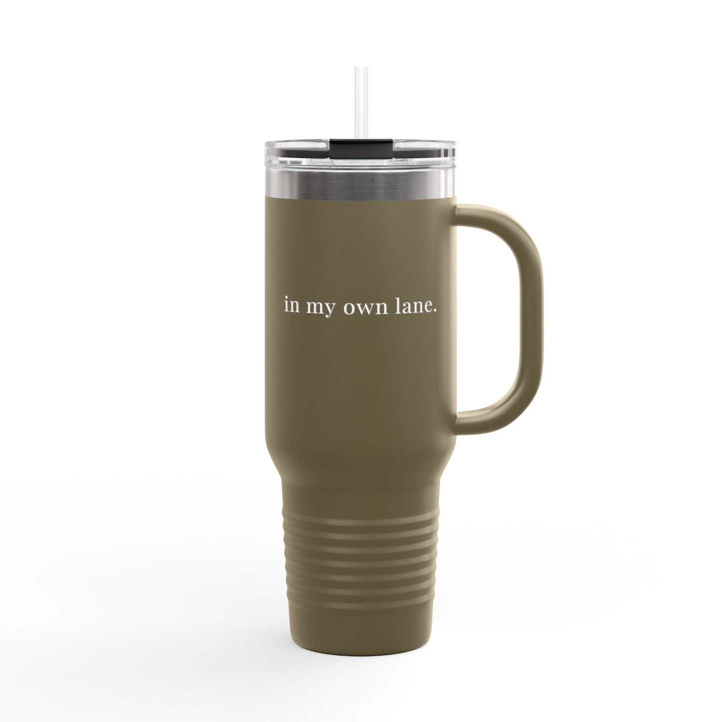 Insulated Travel Mug 40oz – 'in my own lane.' Red Stainless Tumbler with Straw & Handle